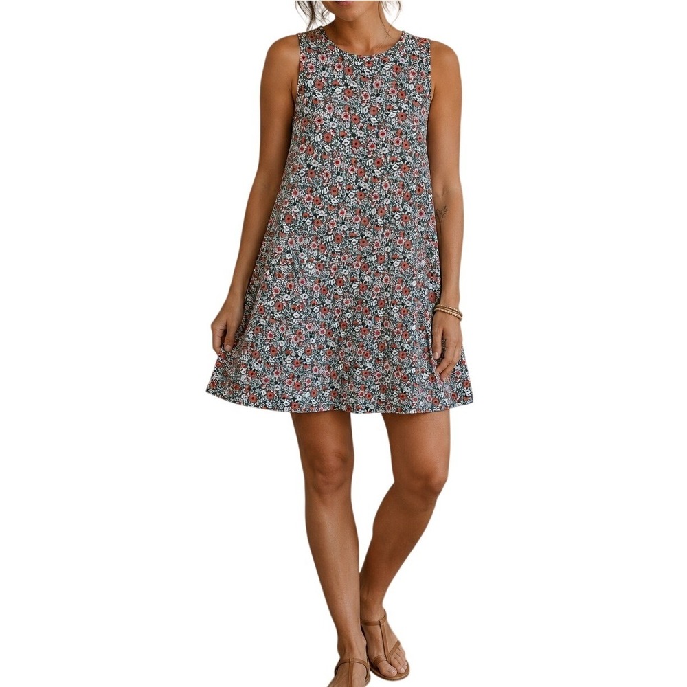 LOFT Petite Floral Sleeveless Swing Dress Coral Green Casual Medium MP Cottage